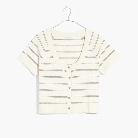 Madewell Tops - Madewell White Scoop Sweater Tee with Brown Stripes, Size Small